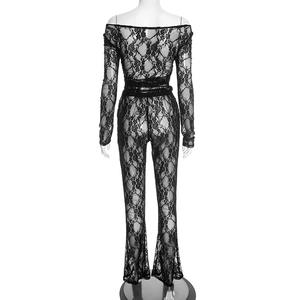 PEEQI J25ST447 Nuovo Completo Invernale da Donna Due Pezzi, Top Senza Spalline a Maniche Lunghe con <span class=keywords><strong>Pizzo</strong></span> Sexy Traforato e Pantaloni, Completo <span class=keywords><strong>in</strong></span> <span class=keywords><strong>Pizzo</strong></span> da Donna - Product Image 6