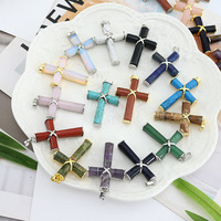 JF8422 Chunky Argent Plaqué Or Pierre Naturelle Cristal Quartz Pierre Semi-précieuse Pierre Gemme Croix Crucifix Pendentifs