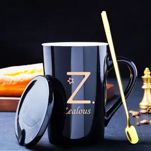 Venta al por mayor de tazas de cerámica negra de 12 oz <span class=keywords><strong>con</strong></span> logotipo dorado, tazas altas de porcelana y cuchara para café, <span class=keywords><strong>leche</strong></span> o regalos para agua hirviendo - Product Image 6