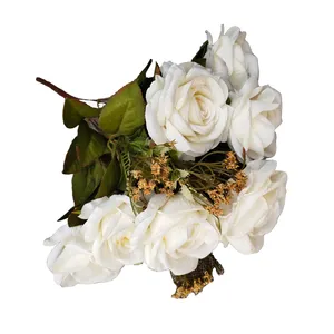 All'ingrosso centrotavola artificiale fiore Bouquet bianco rosa con foglie fiore per matrimonio