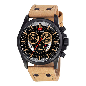 Montre robuste de style pilote pour homme, chronographe, boîtier noir, index dorés, bracelet en cuir - Product Image 3