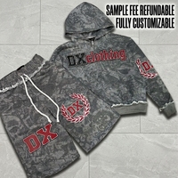 Ensemble sweat à capuche zippé et short en molleton bouclette AOP 450 g/m² personnalisé |   Doublure apparente à bords bruts, fabrication exclusive OEM ODM
