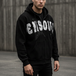 ES Tùy Chỉnh Thời Trang Phố Y2K Pháp Terry Áo Màu Đen Zip up Rửa Rửa Đau Khổ Thêu Bông Chắp Vá Tùy Chỉnh Người Đàn Ông Của Áo - Product Image 1