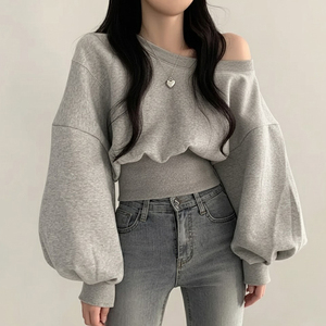 Korean Style Women's Off Shoulder <b>Top</b> - Solid Color Loose Fit Long Sleeve T-Shirt, Elegant and Chic - Product Image 2