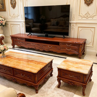 Ensemble meuble TV et table basse en bois massif européen, sculpté à la main, avec plateau en onyx naturel, meubles de rangement pour salon, vente en gros
