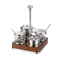 Ensemble de cruches à huile et à vinaigre en verre commercial avec support en bois massif pour table de restaurant ou d'hôtel