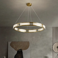 Lustre Moderne en Albâtre Naturel, Suspension Cercle en Laiton pour Villa de Luxe, Salon et Chambre à Coucher, Lampe Suspendue en Albâtre en Forme d'Anneau