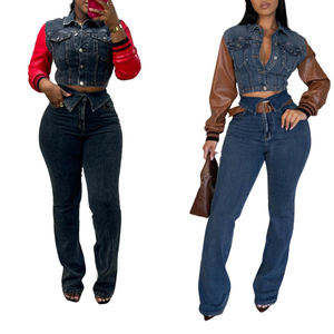 High Quality New PU Denim Splicing Stretch <b>Pants</b> Set for Women Fashion - Product Image 1