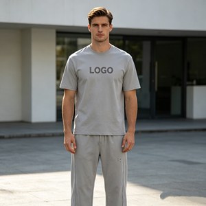 Conjunto de 400g para hombre, camiseta con cuello redondo y bordado en relieve, pantalones deportivos, conjunto de dos piezas de verano 100% algodón para hombre. - Product Image 5