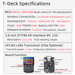 บอร์ดพัฒนา LILYGO T-Deck ESP32-S3 WIFI หน่วยความจำแฟลช 16MB พร้อมจอ LCD ขนาด 2.8 นิ้ว, คีย์บอร์ด, แทร็กบอล, ไมโครโฟน, ลำโพง T-Deck LIL - Product Image 5