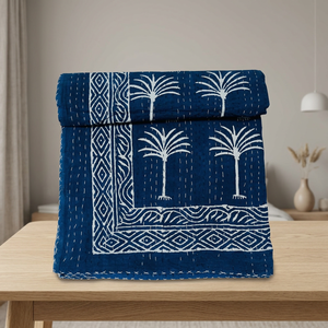 Couvre-lit indien Kantha en coton fait main avec motif palmier, décoration artisanale pour la maison, impression à la main, Kantha 90×108 pouces - Product Image 4