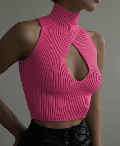 Débardeur court sexy pour femme, personnalisable, sans manches, col roulé, ajouré, extensible, en maille unie 100% coton - Product Image 6