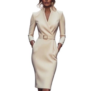 Vestido de Oficina para Mujer 2026, Cuello en V, con Cinturón, Largo hasta la Rodilla y Mangas Largas, Estilo Profesional y Elegante - Product Image 6