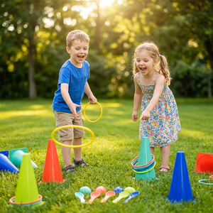 Kit de jeu multifonctionnel pour enfants : <span class=keywords><strong>Course</strong></span> aux <span class=keywords><strong>œuf</strong></span>s, <span class=keywords><strong>Course</strong></span> aux cuillères, Cônes de circulation, Lancer d'anneaux, Jouet d'entraînement sensoriel pour intérieur et extérieur - Product Image 6