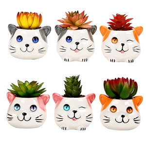 Pot de fleur en céramique mignon chat animal de compagnie Mini créatif dessin animé Animal succulent Pot ornement décoratif (plante non incluse) lot de 6 pièces - Product Image 1