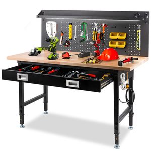 60" Workbench with Drawers, <b>Work</b> Benches for Garage with Strip Light, Adjustable <b>Work</b> <b>Table</b> with Large Pegboard, 2000 LBS Heavy - Product Image 1