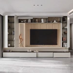 Meuble TV LED moderne et élégant, minimaliste, en MDF, support en bois pour la maison, style ferme, panneau en pin, décoration de salon d'hôtel - Product Image 5