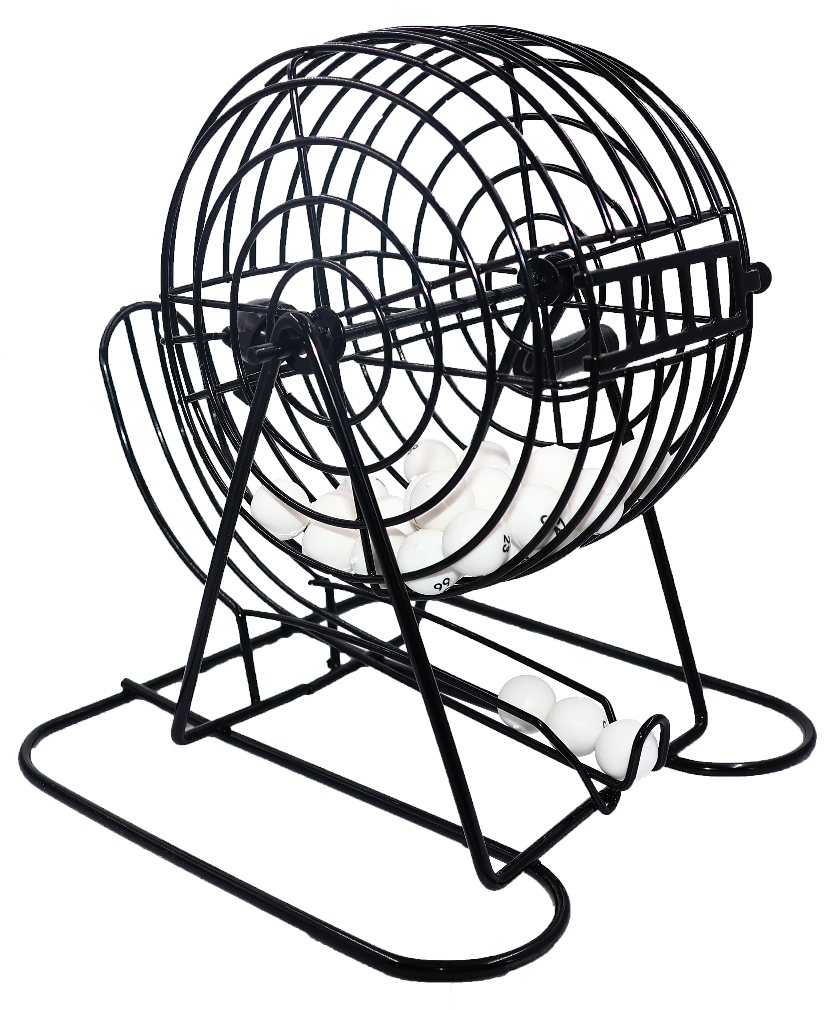 Jaula metálica de bingo con bolas y tablero