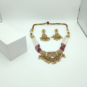 Ensemble collier et boucles d'oreilles en argent et or finition antique avec perles de rubis, bijoux ethniques de mariage pour femmes - Product Image 3
