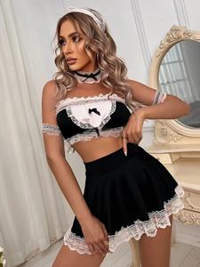 Completo Sexy da Cameriera con <span class=keywords><strong>Top</strong></span> a Fascia, Set di Biancheria Intima in Pizzo, Camicia da Notte Femminile in Pizzo Floreale e Rete - Product Image 4