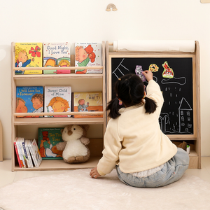 Estantería de Madera para Niños con <span class=keywords><strong>Pizarra</strong></span>, Estante de Exhibición de Libros Montessori de 3 Niveles, Caballete de Arte para Niños Pequeños, Rollo de Papel, Muebles para Sala de Juegos - Product Image 4