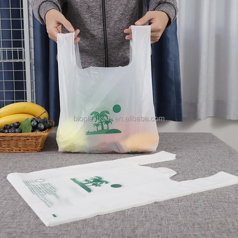 Op Maat Gemaakte Biologisch Afbreekbare Plastic T-Shirt Tassen Met Logo 'S Maizena Composteerbare Afhaalmaaltijden Boodschappentassen