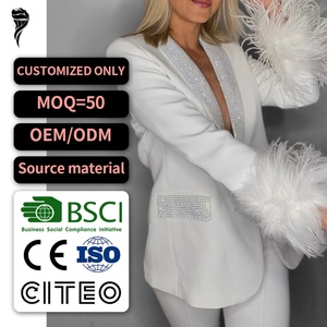 Abrigo de Algodón Transpirable con Pedrería Personalizable OOTD 2025 para Mujer, Blazer de Manga Larga con Cuello de Plumas y Botones - Product Image 1