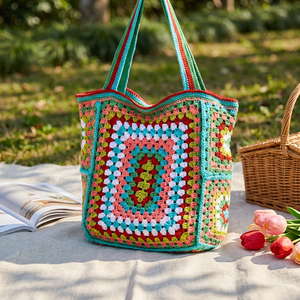 Sacs fourre-tout décontractés en polyester à motif floral au crochet pour femmes, avec fermeture ouverte, pour l'esthétique estivale de la plage, style <span class=keywords><strong>hippie</strong></span> tricoté - Product Image 2