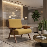 Fauteuil de luxe moderne pour hall d'hôtel, fauteuil lounge en bois de style mid-century, chaise individuelle pour réception commerciale ou zone d'attente de complexe hôtelier