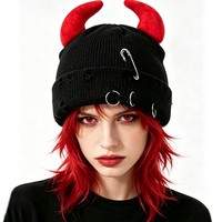 Bonnet unisexe en tricot avec cornes, style déchiré, motif petites oreilles de diable, tendance hip-hop, coupe ample, pour l'hiver, vente en gros