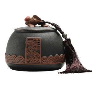 Boîte à thé ronde en céramique mate MSH avec motif vague de <span class=keywords><strong>poisson</strong></span> en relief et ornement à pompon, pot de rangement hermétique porte-bonheur - Product Image 5