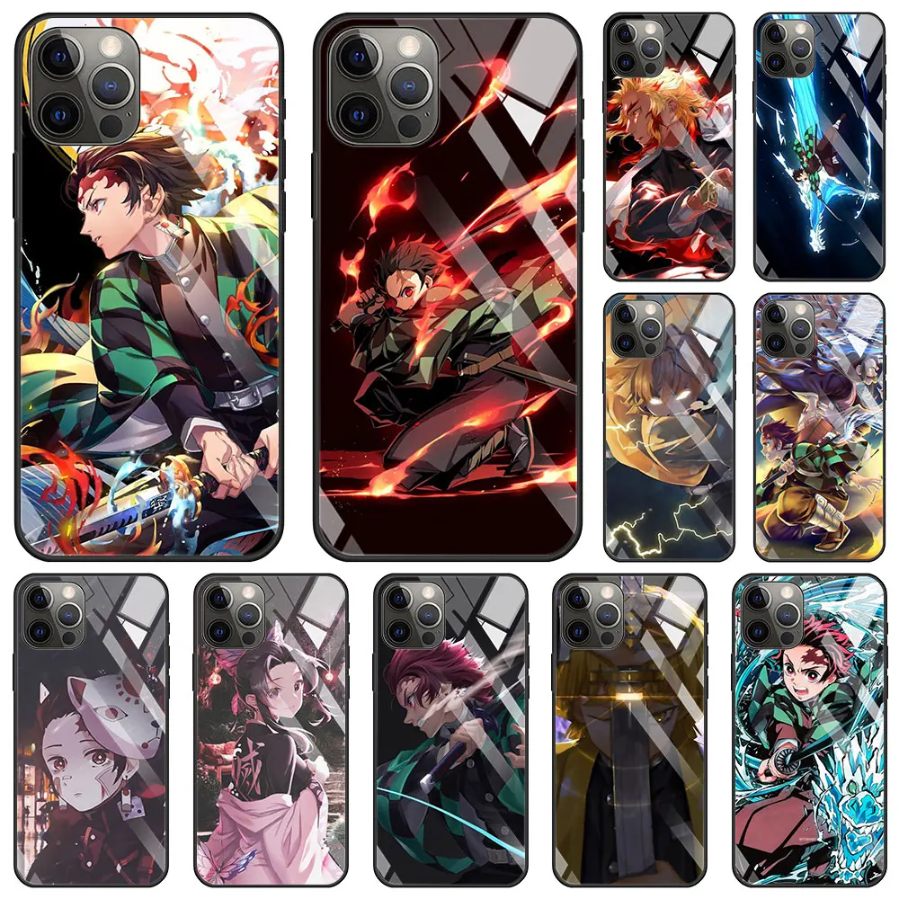 Anime Character Tempered Glass Case With Black Edge For iPhone 11 12 13 Pro 7 XR X XS Max 8 6 6s Plus SE 2020 13 Mobile Cover