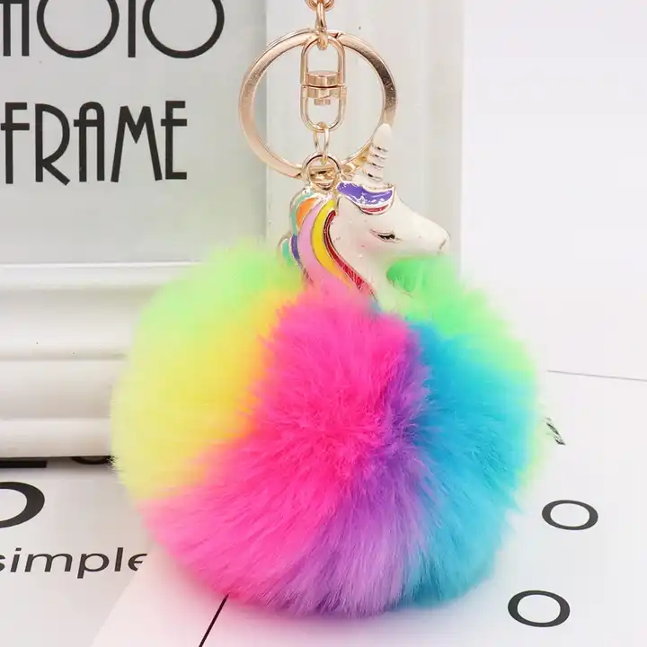 Wholesale Rainbow Soft Rabbit Fur Ball Pom Pom Unicorn Pendant Keychain  Cute Metal Unicorn Pompom ball Keychain For Cell Phone Car Handbag From  m.