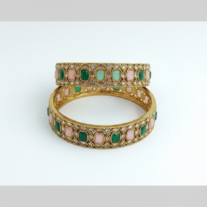 Green and Pink Crystal <b>Bangles</b> <b>Set</b> <b>Gold</b> Plated Fine Jewelry Stylish Stone <b>Bangles</b> for Women for Ethnic Wear and Party Wear - Product Image 2