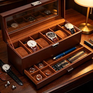 Boîte à montres grande capacité à double couche, intérieur en velours marron, couvercle en verre, tiroir pour ranger montres-bracelets, bagues, bracelets de montre et accessoires - Product Image 3