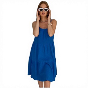 Robe décontractée d'été pour femme, bleue, sans manches, longueur genou, unie, tissée, coupe ample, douce, style à bretelles - Product Image 2