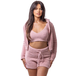 طقم نسائي شتوي بتصميم كوري مكون من قطعتين، سترة هودي قصيرة محبوكة مع بنطلون ليقنز - Product Image 5