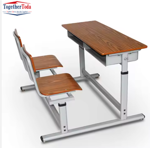 Ensemble chaise et bureau double réglable en hauteur avec rangement sous le bureau en bois pour salles de classe et centres de formation - Product Image 4