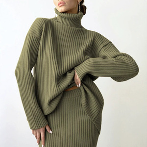 Conjunto de suéter de cuello alto para mujer, tejido acanalado, dos piezas, corte holgado, verde militar, talla única, estilo casual europeo y americano - Product Image 1