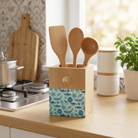 Support de cuisine de luxe en bois de bouleau avec motif imprimé UV Océan de la série Natural House, pour ustensiles et baguettes, avec base en liège, pour comptoir de cuisine