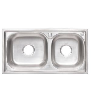 Évier de cuisine moderne à double bac avec robinet, à poser sur comptoir, rectangulaire, en acier inoxydable brossé, garantie 5 ans, pratique - Product Image 1