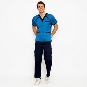 Conjunto de uniforme médico azul para hombre con cuello en V, pantalones azul marino, tela de punto con elastano, fusión sin costuras, detección de agujas, secado rápido - Product Image 1