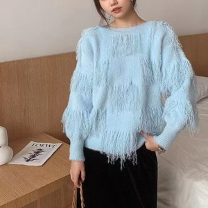 เสื้อผู้หญิงหรูหราพร้อมพู่แขนโคมไฟคอกลมถักดีไซน์สวยสีพื้น - Product Image 4