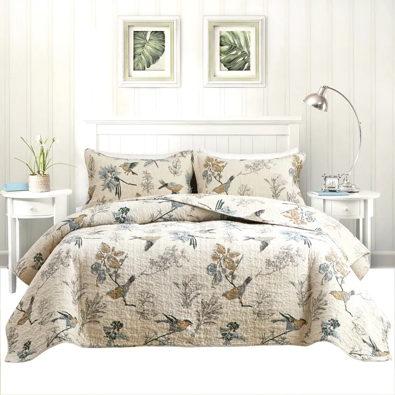 Produttore di modelli di uccelli copriletto in cotone a 3 pezzi Set di biancheria da letto trapuntata stampata Set di copriletto con cuciture trapuntate