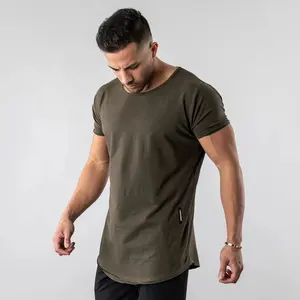 khaki 94% cotton 6% elastane longline curved hem t shirts for men streetwear hip hop t-shirt slim fit gym shirt custom