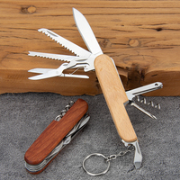 Couteau suisse multifonction à manche en bois, outil pliant avec porte-clés pour le camping, la randonnée et l'utilisation quotidienne en extérieur