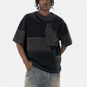 T-Shirt da Uomo Stile Streetwear con Doppio Collo a O, Design <span class=keywords><strong>Hip</strong></span> <span class=keywords><strong>Hop</strong></span> con Patchwork e Cuciture a Contrasto - Product Image 4