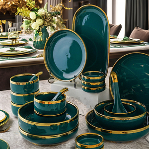 Bộ bát đĩa sứ men gốm cao cấp phong cách tối giản Bắc Âu viền vàng đá cẩm thạch xanh đang được bán chạy, đồ dùng nhà bếp bền vững, sản xuất tại Trung Quốc - Product Image 1