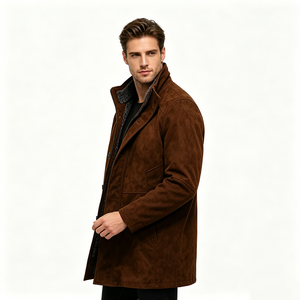 Manteau long en faux <span class=keywords><strong>daim</strong></span> de qualité supérieure pour homme, doublure Sherpa, col montant, fermeture à double zip et boutons, veste chaude décontractée et élégante pour le travail - Product Image 5