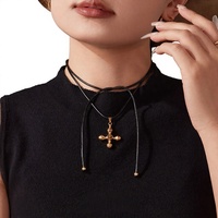 Pendentif Croix en Pierre Œil de Tigre Naturel Enigma Li, Longue Chaîne de Pull en Corde de Cuivre, Collier Unisexe Tendance Européenne et Américaine